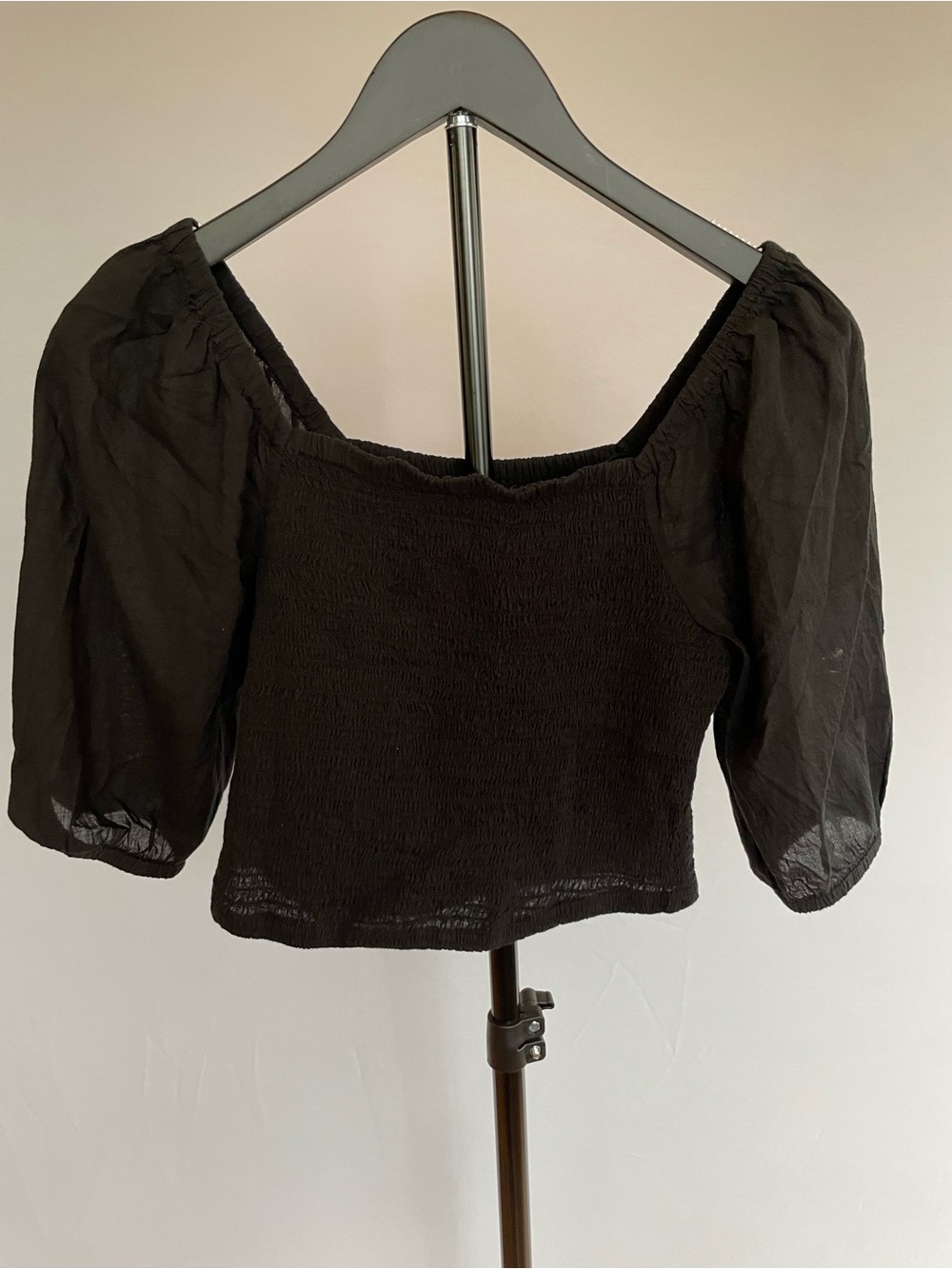ABLE Black Smocked Square Neck Puff Sleeve Crop Top Ethical Sustainable S